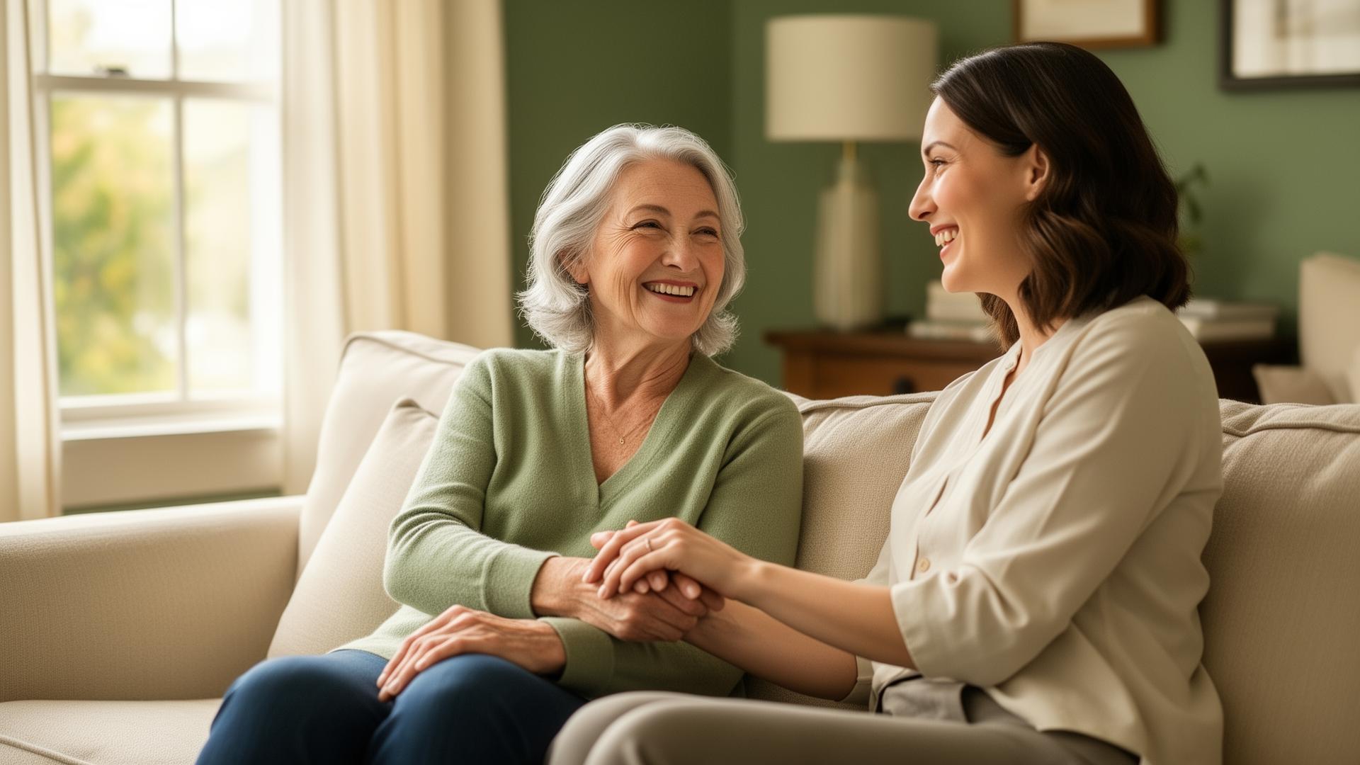 A senior woman and her daughter sharing a warm moment on a sofa